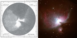 Part of the fun of enjoying the Messier objects is sketching and imaging them. At left is Charles Messier's original drawing of the Orion Nebula, Messier 42. On the right is an image taken through a telescope using a DLSR camera by Rick Foster of Markham, Ontario.