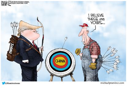 Political cartoon U.S. Trump tariffs china trade war farmers