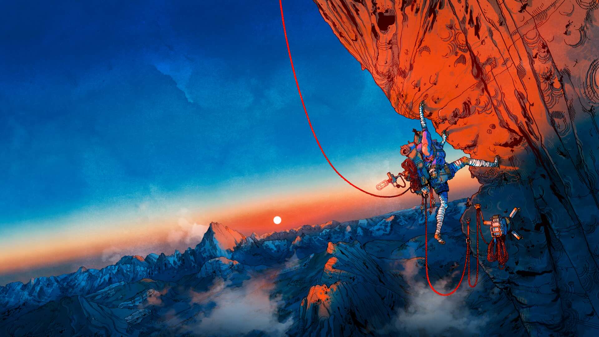 Artwork of a climber scaling a mountain.