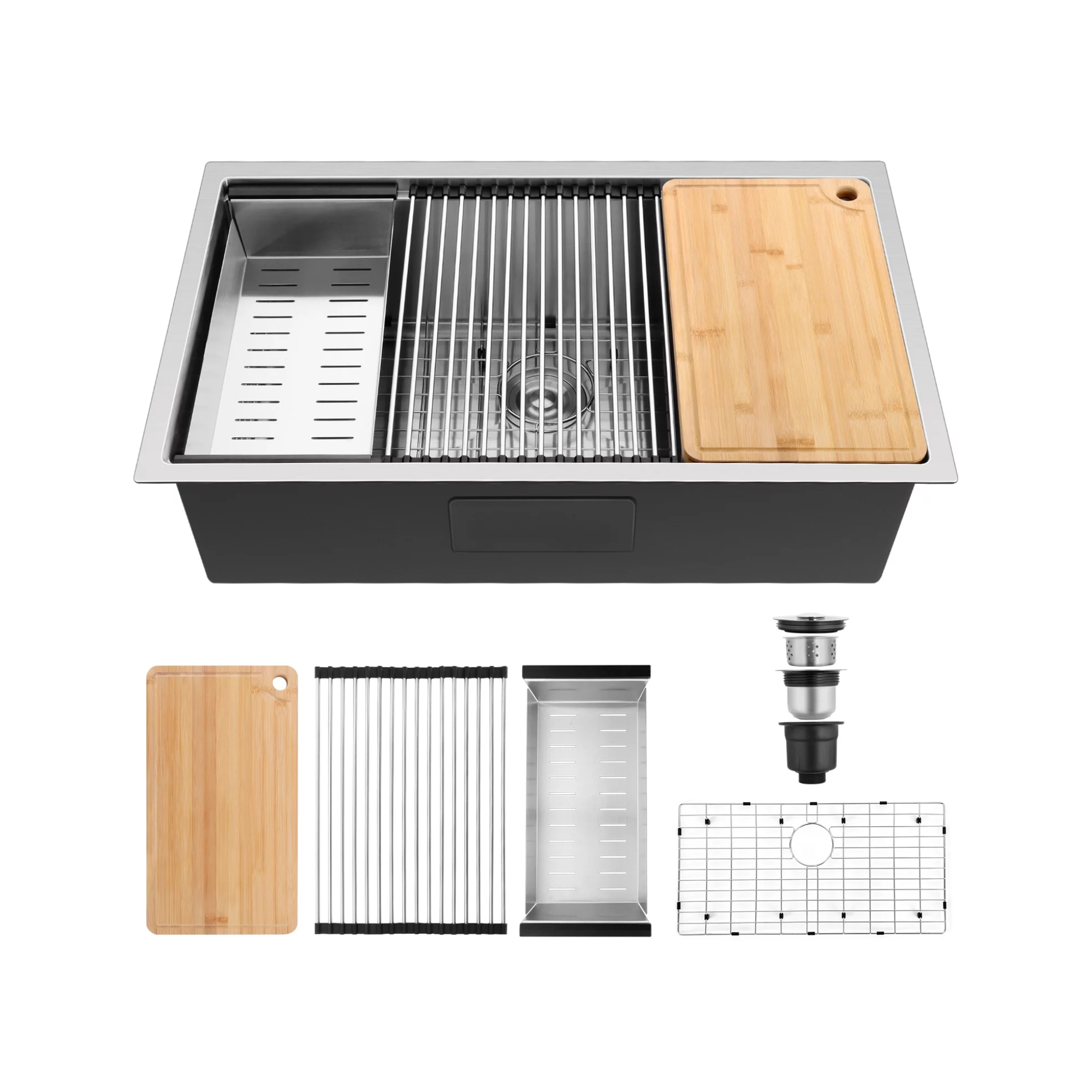 A kitchen sink with accessories