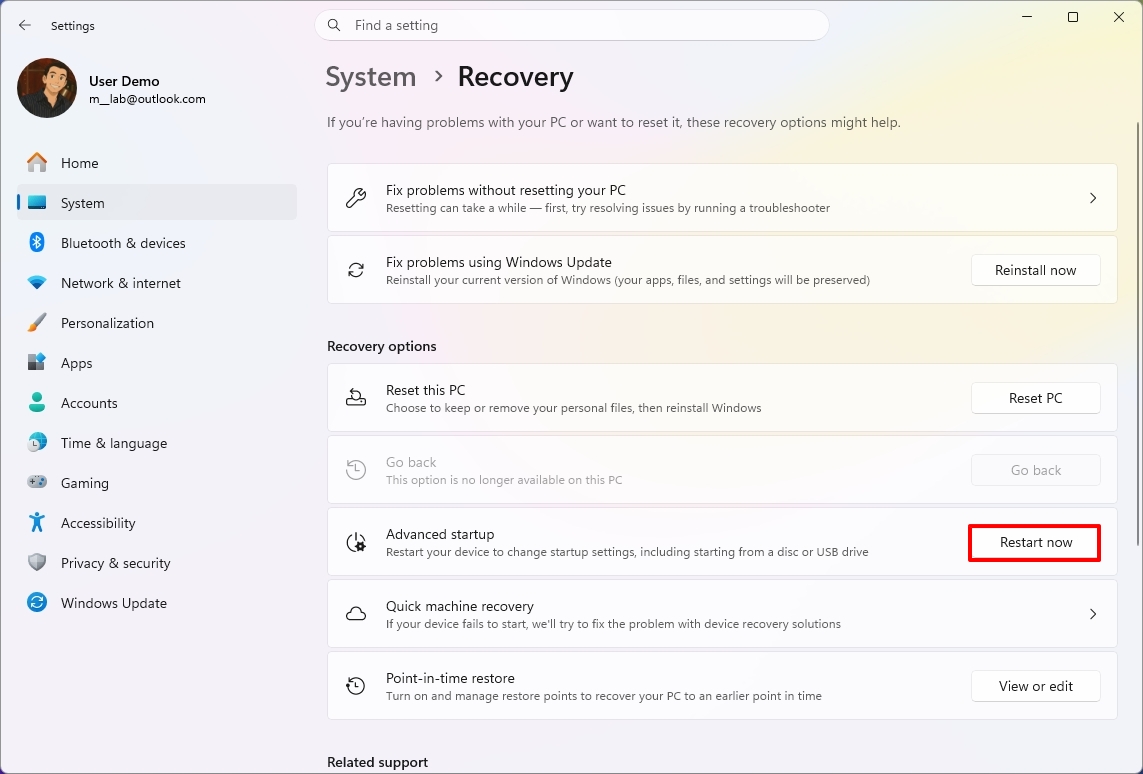 Windows 11 Settings app on the Recovery page highlighting Advanced Startup.