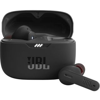 A pair of black in-ear earphones with a small carry case