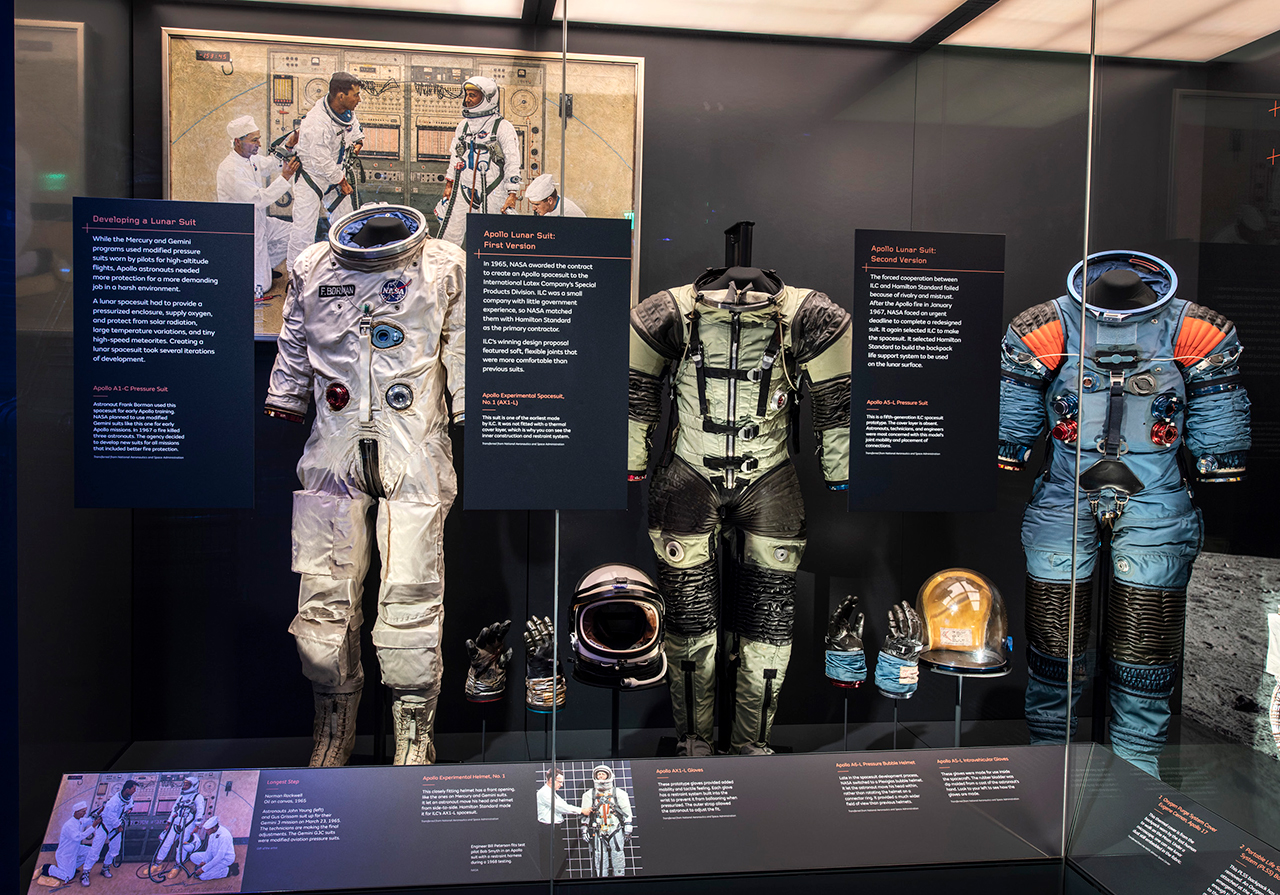 Examples of how the spacesuits astronauts would come to wear on the moon were developed and evolved on display in the 