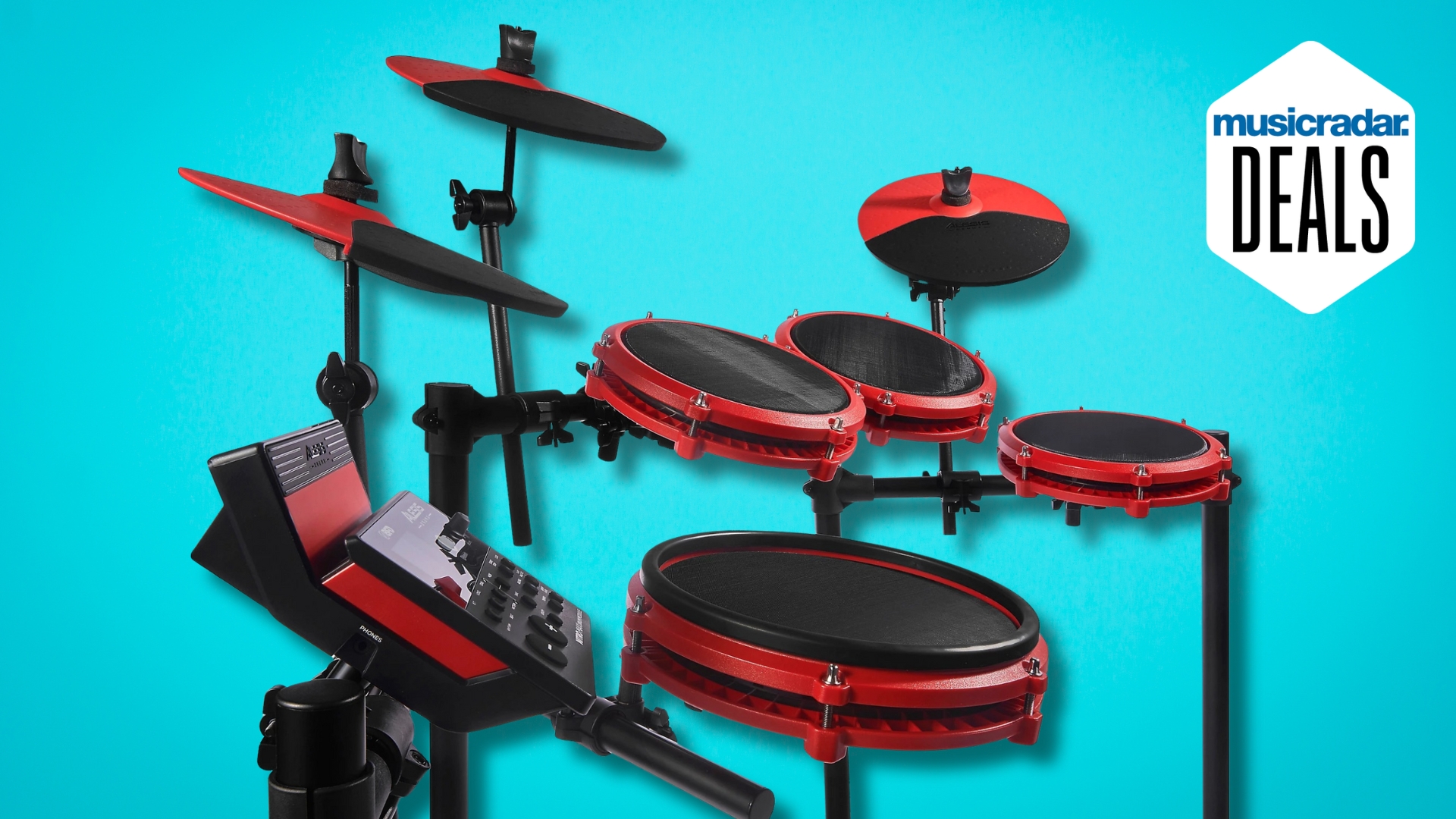 An Alesis Nitro Max electronic drum kit on a blue background