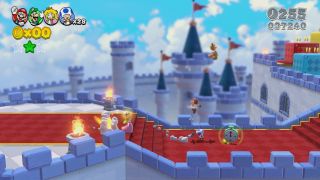Princess Peach, Mario, Luigi and Toad running along a castle wall in the 3DS game Super Mario 3D Land.