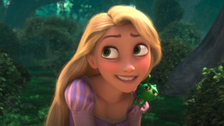 Rapunzel in a forest with Pascal in Tangled 