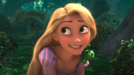 Rapunzel in a forest with Pascal in Tangled 