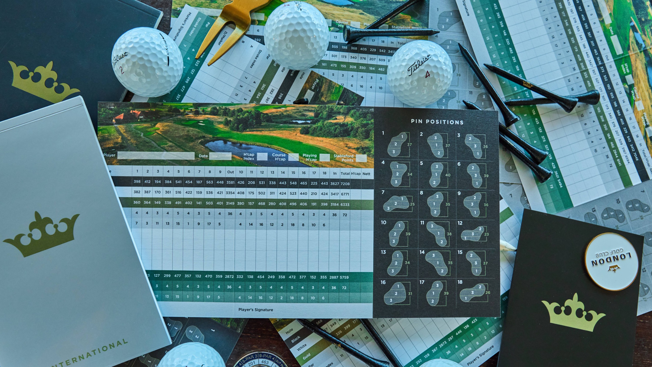 Scorecards, tee pegs and golf balls
