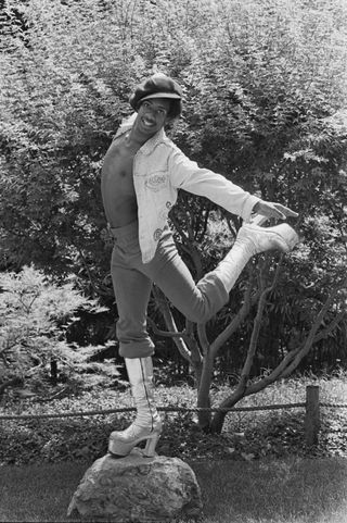A Soul Train dancer at Wattles Park for a 'Right On!' magazine photo shoot, Los Angeles, California.