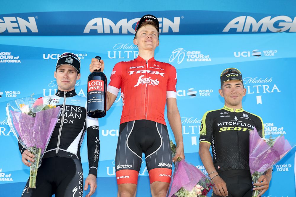 Sean Bennett, Toms Skujins and Caleb Ewan on the podium for stage 3 at the Tour of California