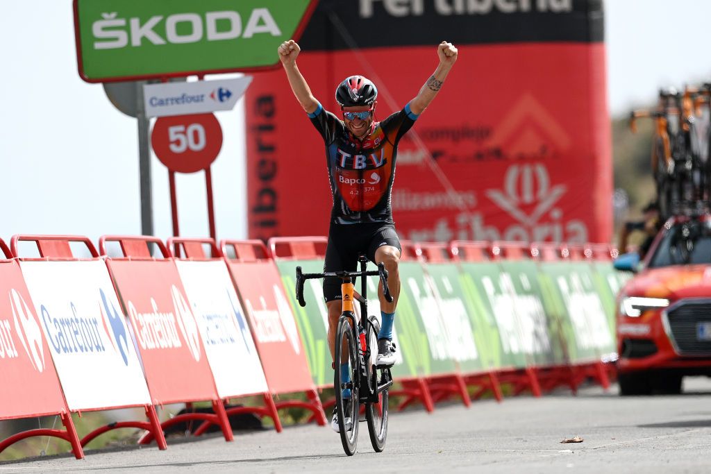 VELEFIQUE SPAIN AUGUST 22 Damiano Caruso of Italy and Team Bahrain Victorious celebrates winning during the 76th Tour of Spain 2021 Stage 9 a 188 km stage from Puerto Lumbreras to Alto de Velefique 1800m lavuelta LaVuelta21 on August 22 2021 in Velefique Spain Photo by Stuart FranklinGetty Images