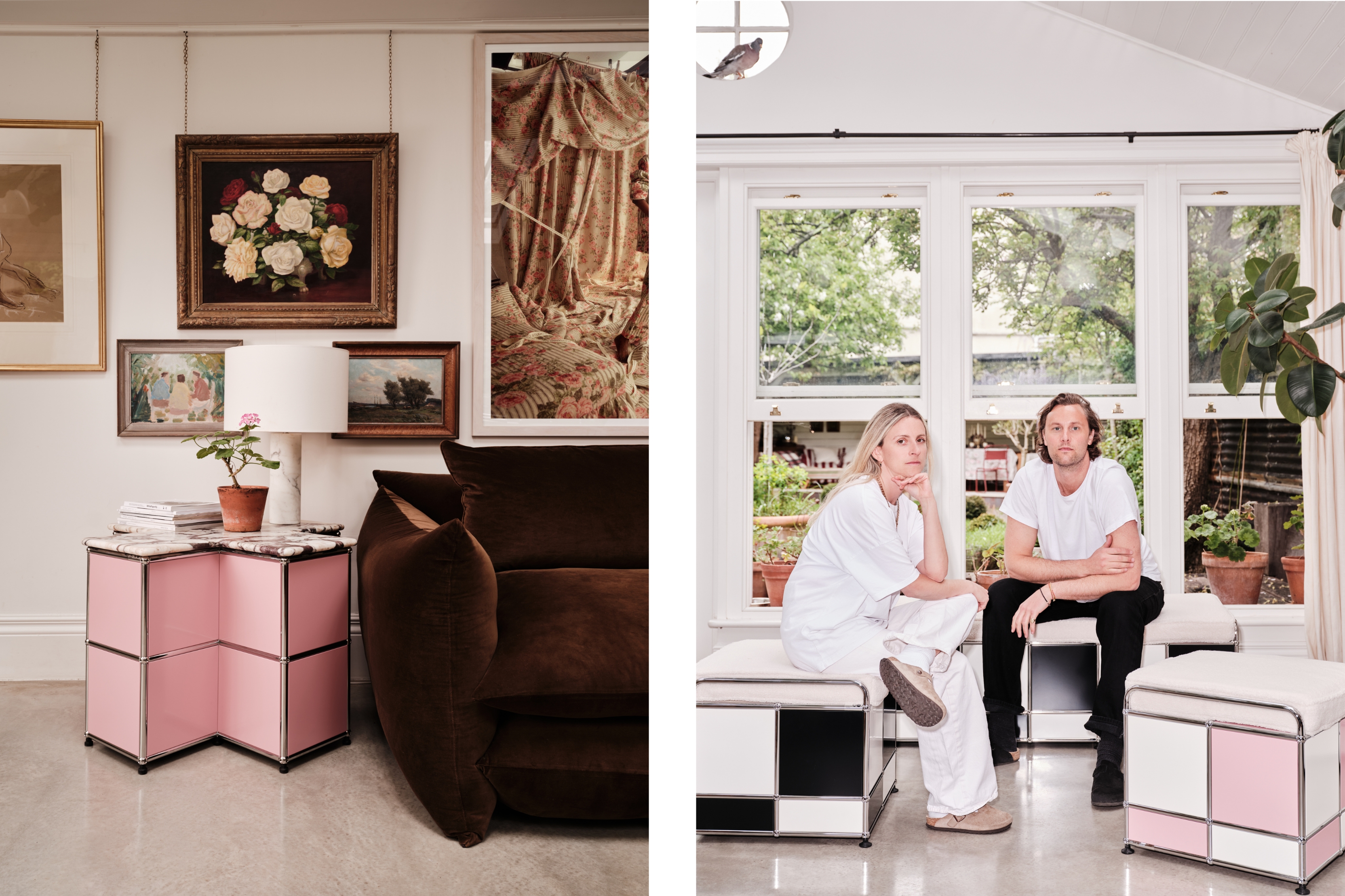 buchanan studio usm collaboration - a pink usm unit in a cross with a marble top