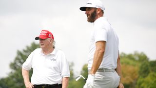 Donald Trump and Dustin Johnson in the pro-am of the LIV Golf Bedminster event