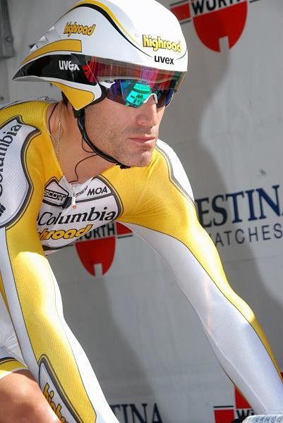 A focused George Hincapie prepares to set off for another time trial.