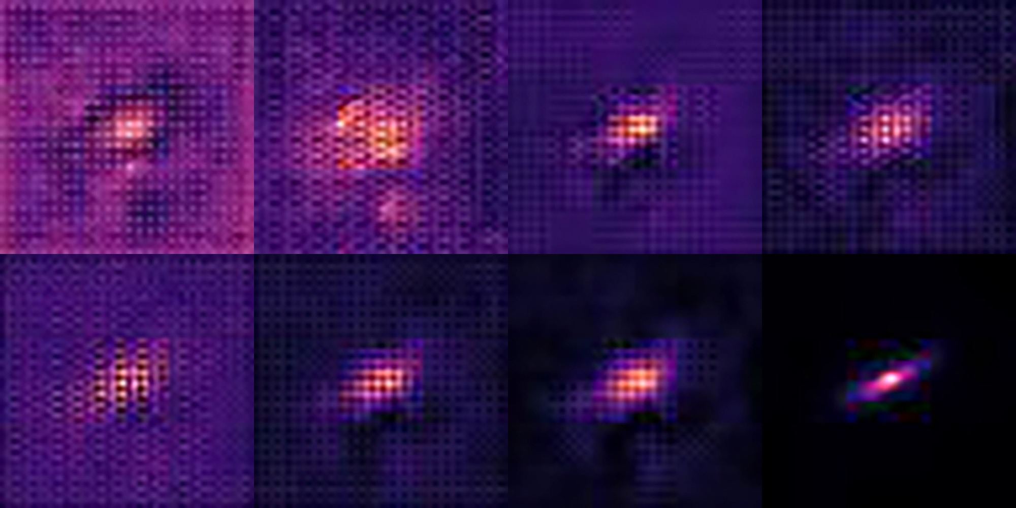 eight panels showing an increasingly clear purple and orange streak of light