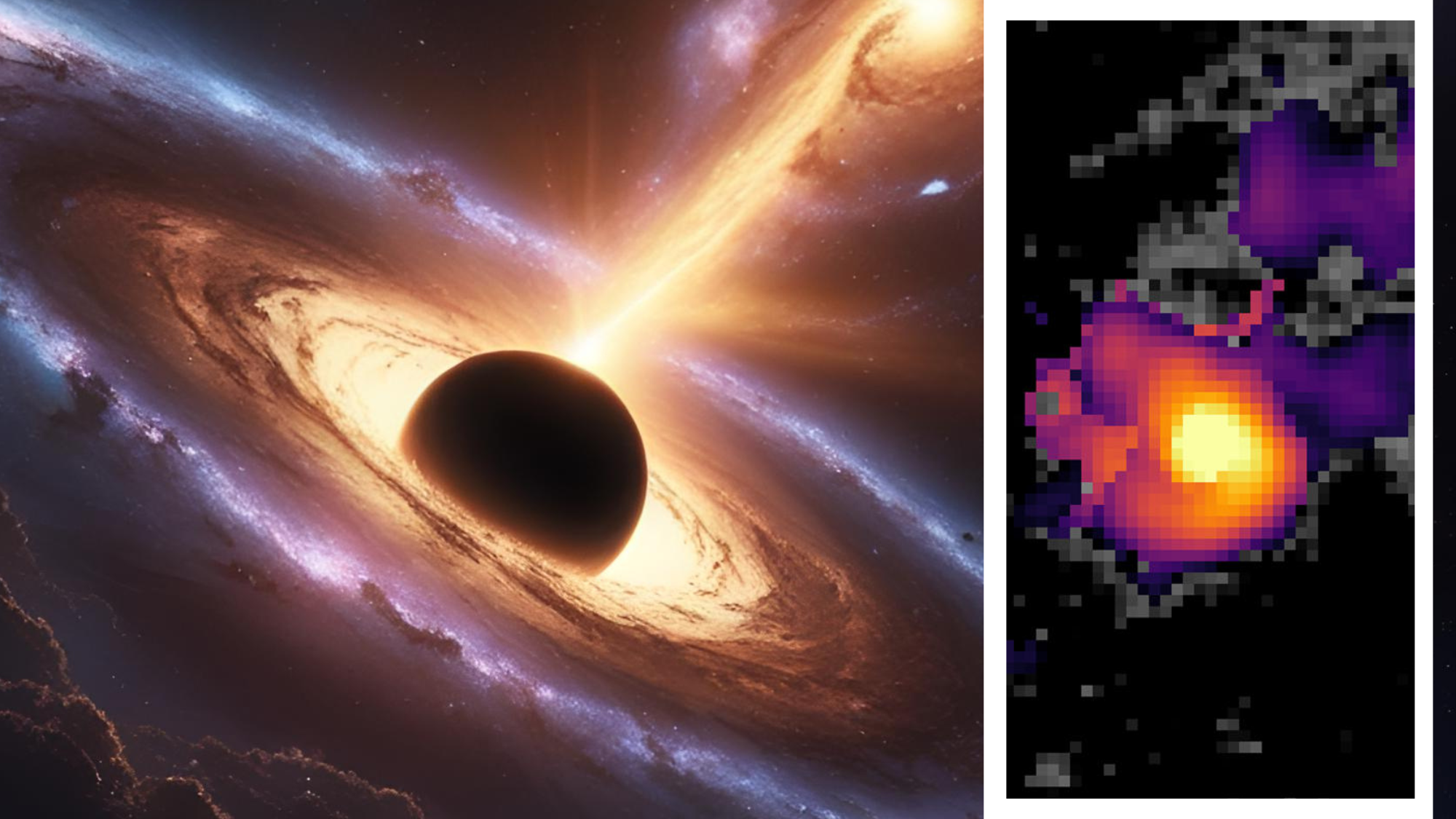 (Main) An illustration of a feeding supermassive black hole (Inset) the heart of the galaxy NGC4696 in a combined view  from the JWST and Hubble