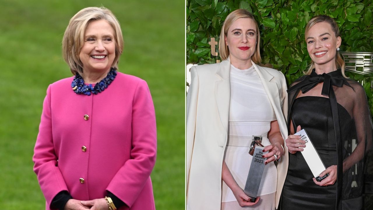 split image of hilary clinton in a pink coat, next to greta gerwig in white and margot robbie in black, both holding silver awards