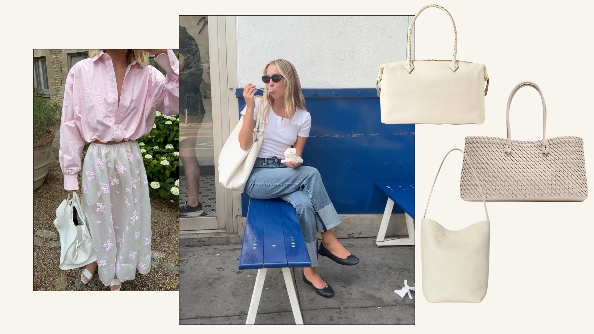 Models @hoskelsa, @lilamoss wear white bags with skirts and jeans.
