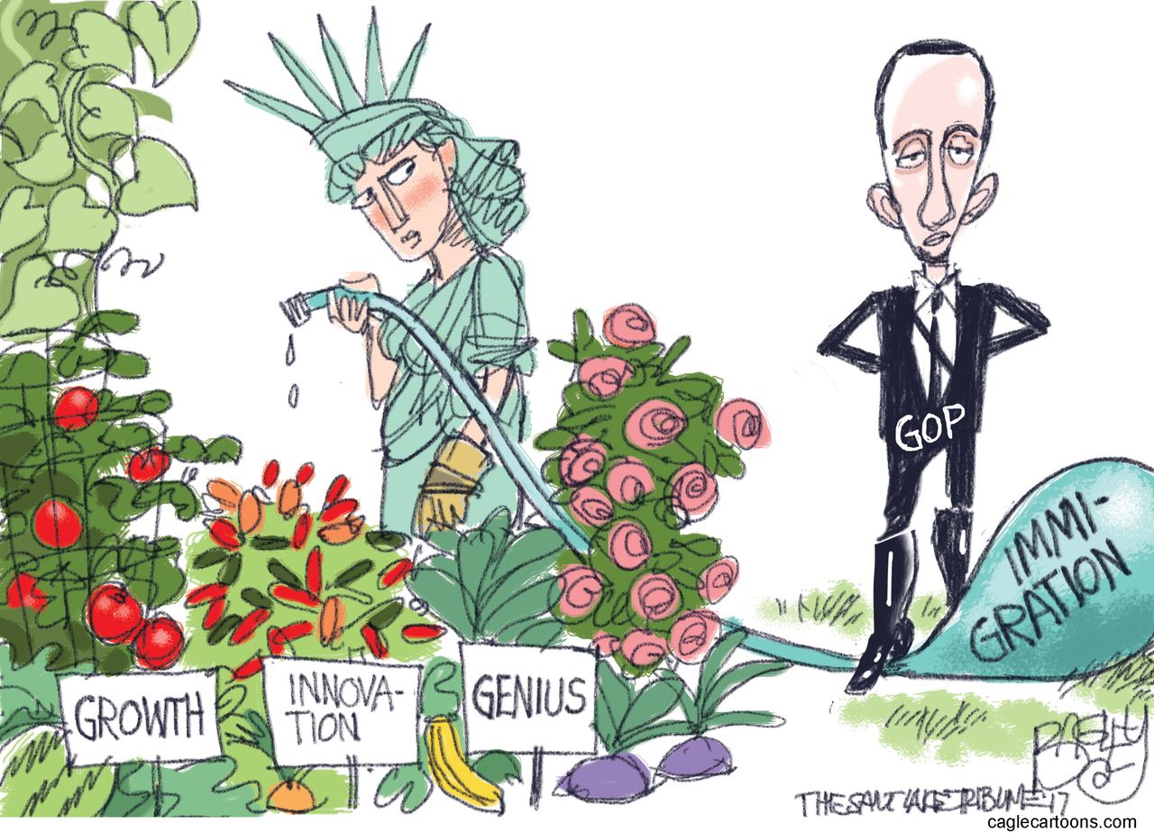 Political cartoon U.S. Trump GOP Statue of Liberty immigration ban Stephen Miller