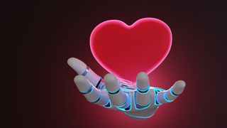 Robotic arm having a glowing red heart floating above its palm on dark background. Illustration of the concept of emotion artificial intelligence and digital feeling