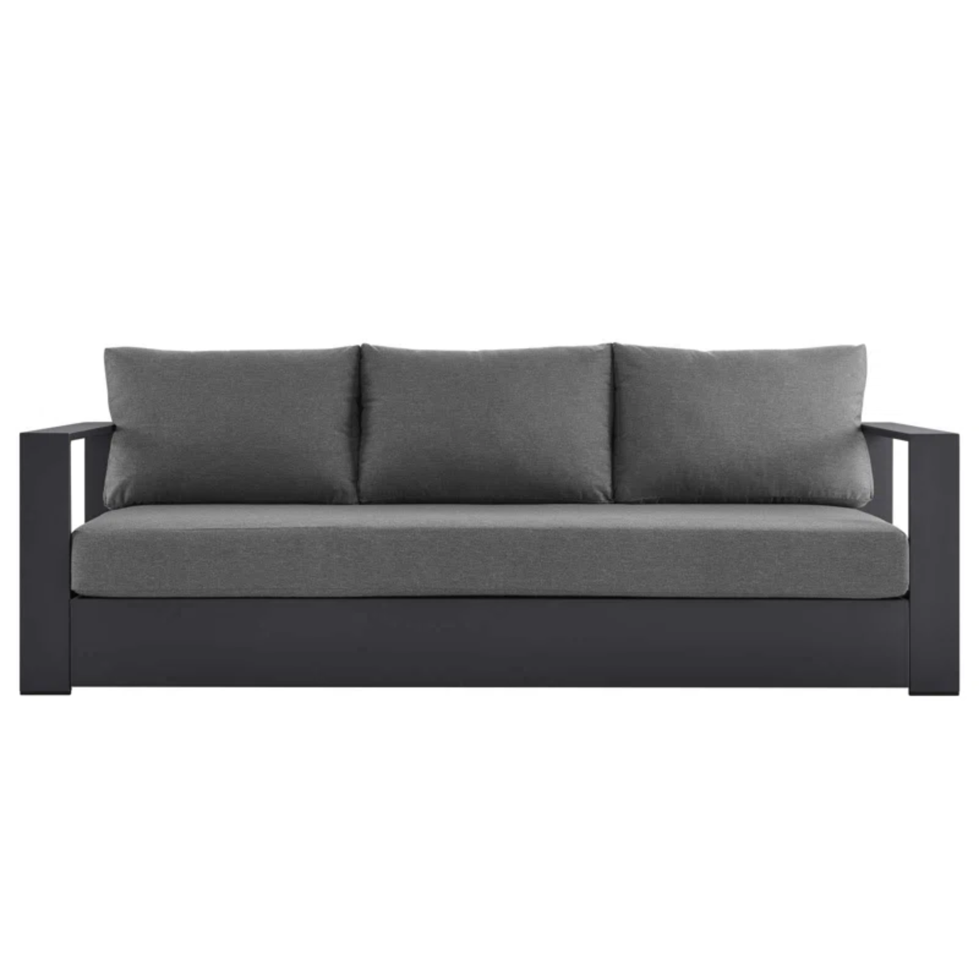 patio sofa with grey cushions and an aluminum frame