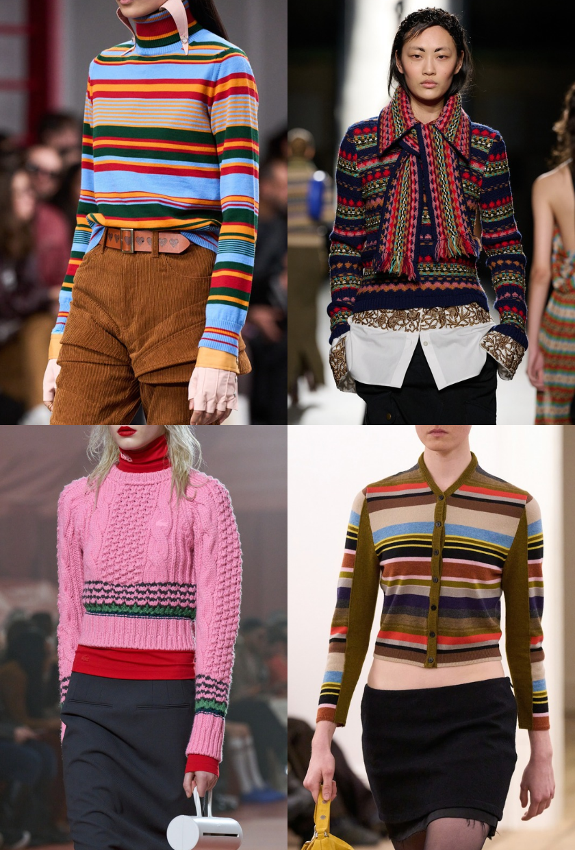 Four images of models wearing striped knitwear from the autumn winter 2026 runways