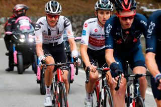 Team Sunweb rider Netherlands Wilco Kelderman L and Team Sunweb Australians rider Jai Hindley 2nd R ride uphill at Passo dello Stelvio Stelvio Pass during the 18th stage of the Giro dItalia 2020 cycling race a 207kilometer route between Pinzolo and Laghi di Cancano on October 22 2020 Photo by Luca Bettini AFP Photo by LUCA BETTINIAFP via Getty Images