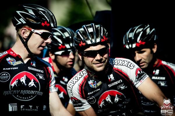 9. Greg Day and Colin Kerr of Rocky Mountain Team 1 in the fore ground with Team 2 Kevin Calhoun and Keith Stark in the back before the start.