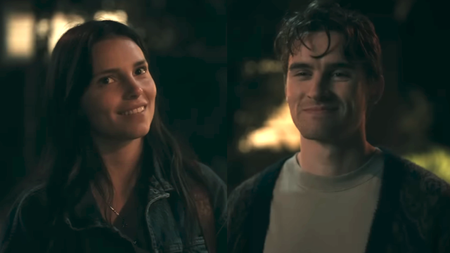 Inde Navarrette and Michael Johnston smiling at each other as Nikki and Bear in Obsession