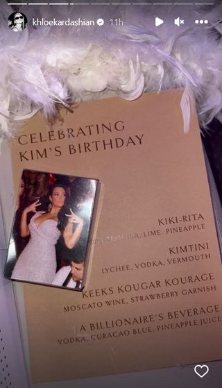 Khloe Kardashian shared a pic of the drink menu at Kim Kardashian's birthday party.