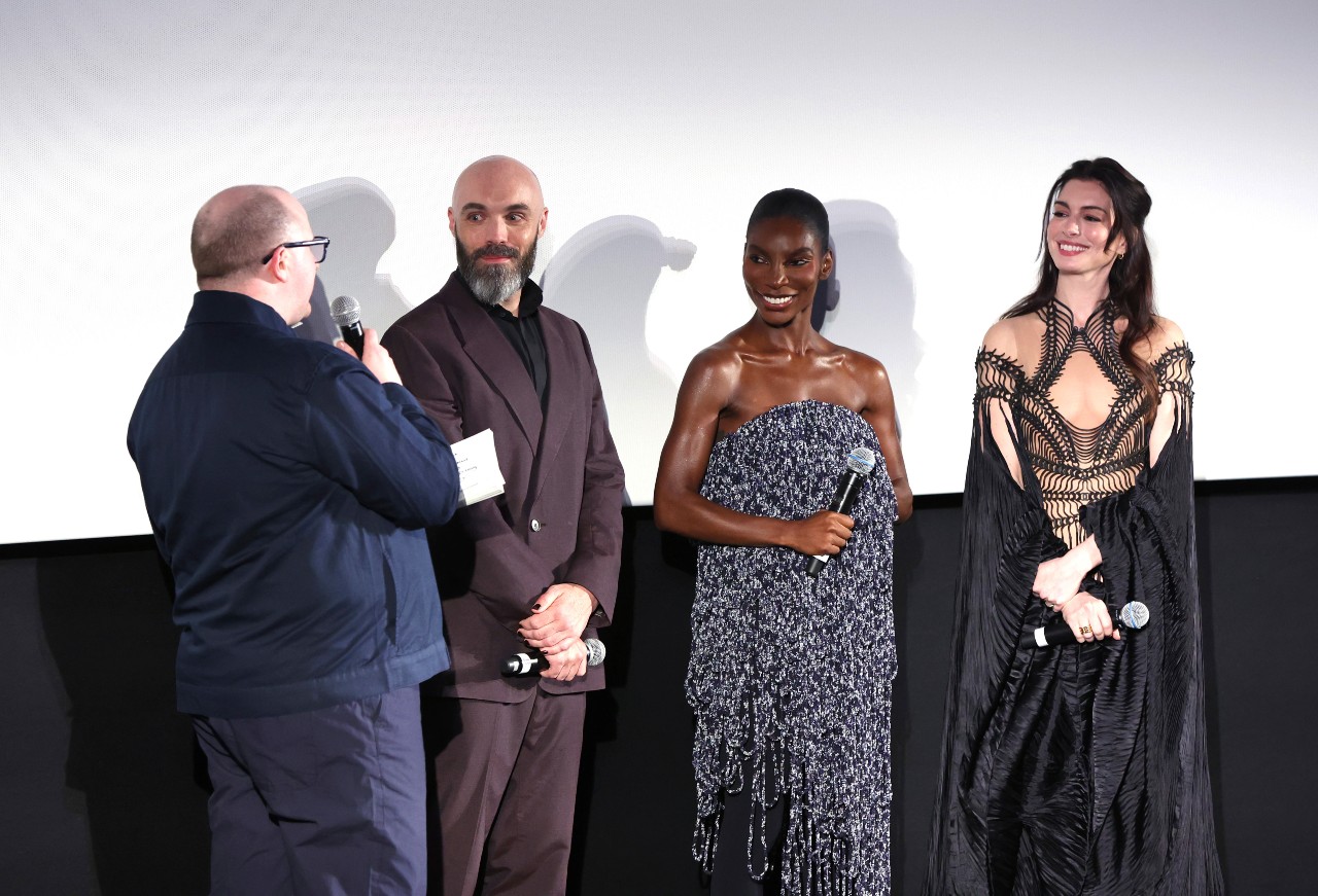 (L-R) Sam Clements, David Lowery, Michaela Coel and Anne Hathaway attend the Special Screening of Mother Mary at Picturehouse Central in London, England. Hathaway is wearing a sheer black dress.
