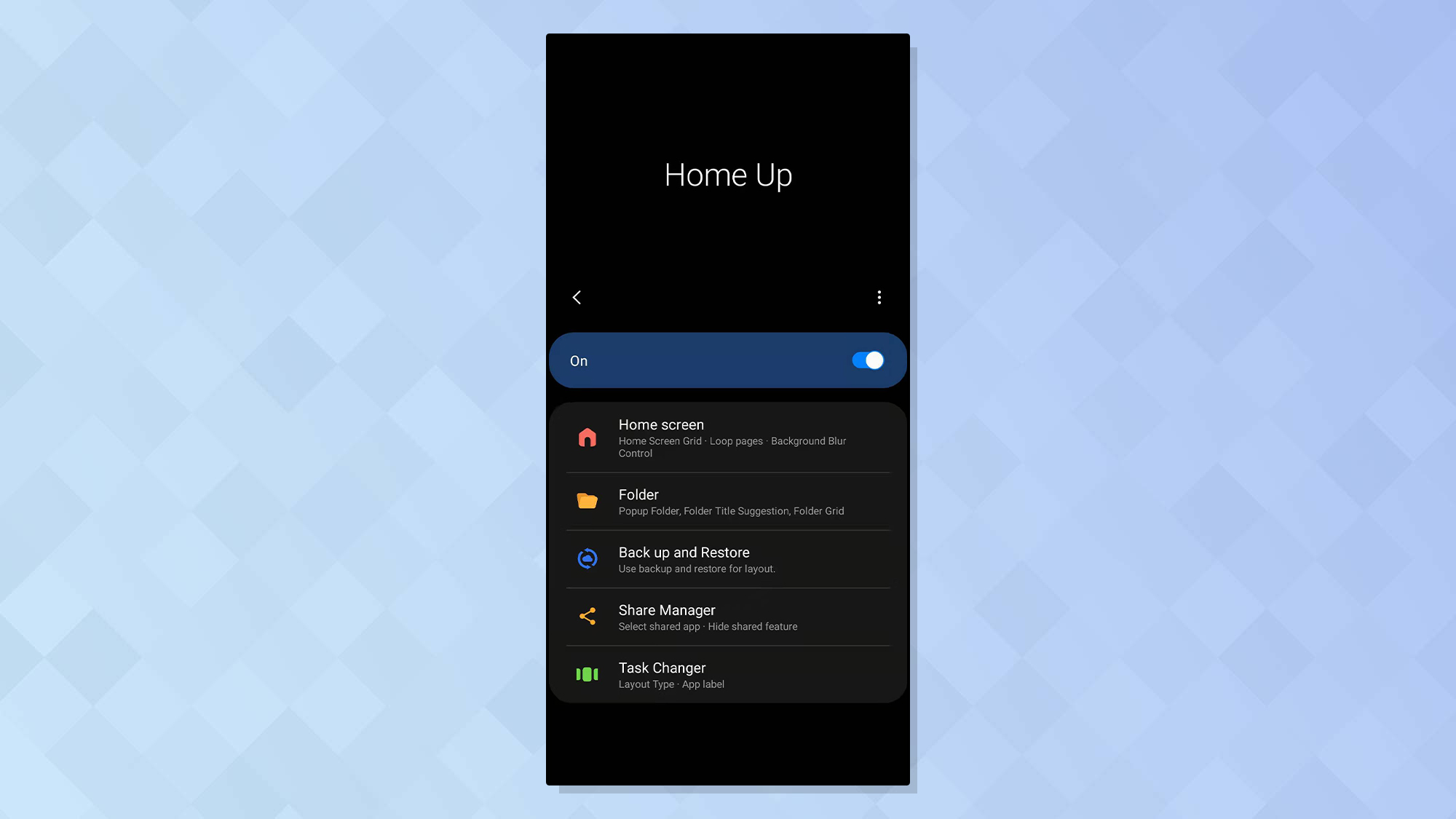 A screenshot of Samsung's GoodLock app showing the HomeUp tool
