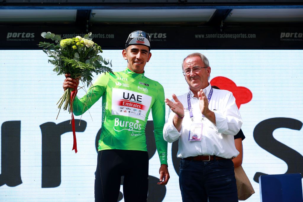 BURGOS SPAIN AUGUST 15 Juan Sebastian Molano Benavides of Colombia and UAE Team Emirates celebrates at podium as Green points jersey winner during the 45th Vuelta a Burgos 2023 Stage 1 a 161km stage from Villalba de Duero to Burgos on August 15 2023 in Burgos Spain Photo by Gonzalo Arroyo MorenoGetty Images