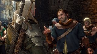 Geralt from The Witcher 3 in conversation with an NPC