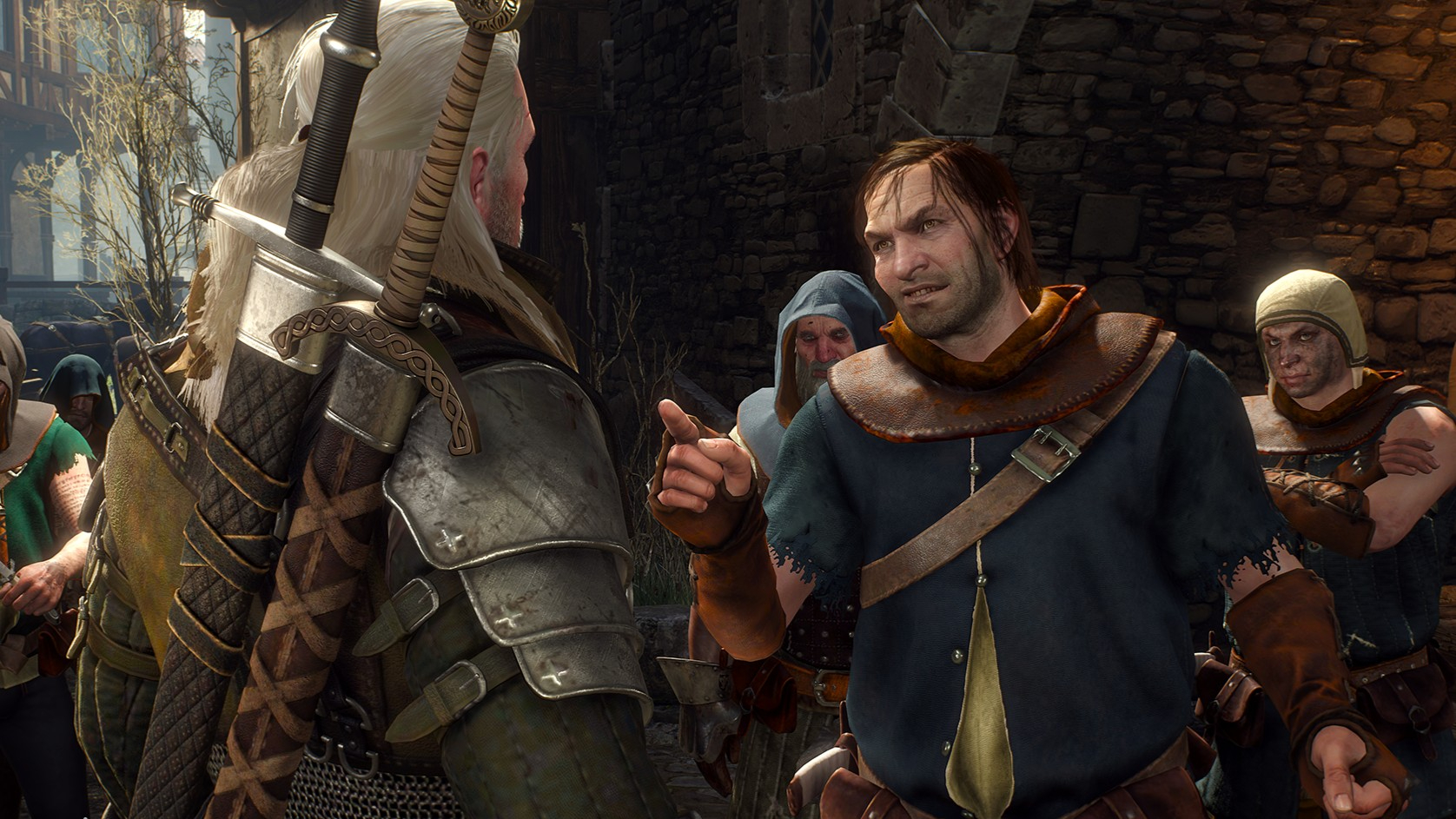 Geralt from The Witcher 3 in conversation with an NPC