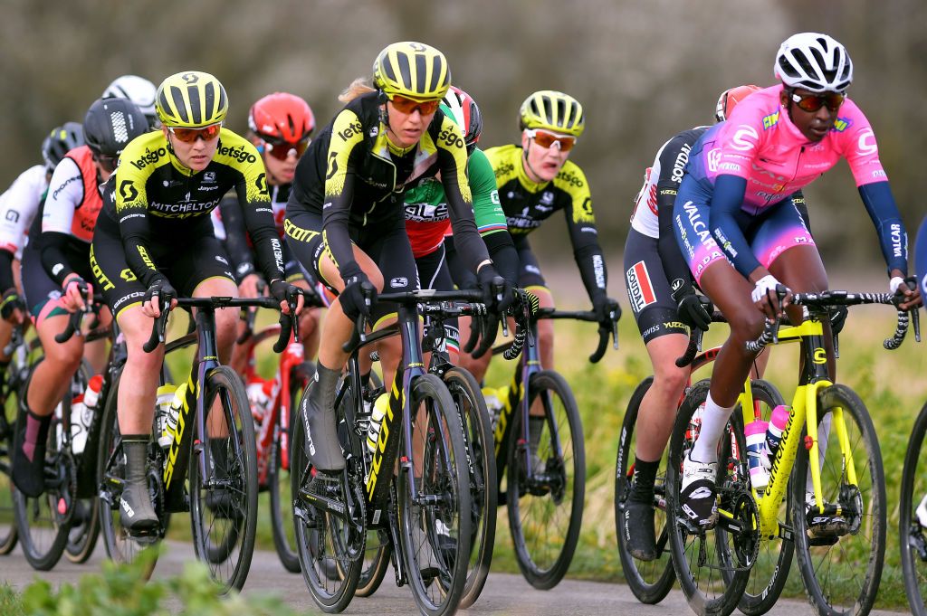 TIELTWINGE BELGIUM MARCH 01 Gracie Elvin of Australia and Team MitcheltonScott Lucy Kennedy of Australia and Team MitcheltonScott Marta Bastianelli of Italy and Team Al Btc Ljubljana Grace Brown of Australia and Team MitcheltonScott Teniel Campbell of Trinidad and Tobago and Team Valcar Travel Service during the 16th Spar Omloop Van Het Hageland 2020 Women Elite a 130km race from Tienen to TieltWinge LottoCyclingCup BELCycling on March 01 2020 in TieltWinge Belgium Photo by Luc ClaessenGetty Images