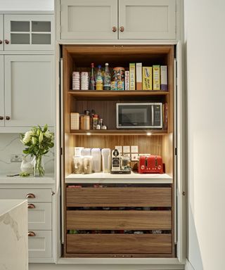 A shaker style kitchen pantry with shelf lighting