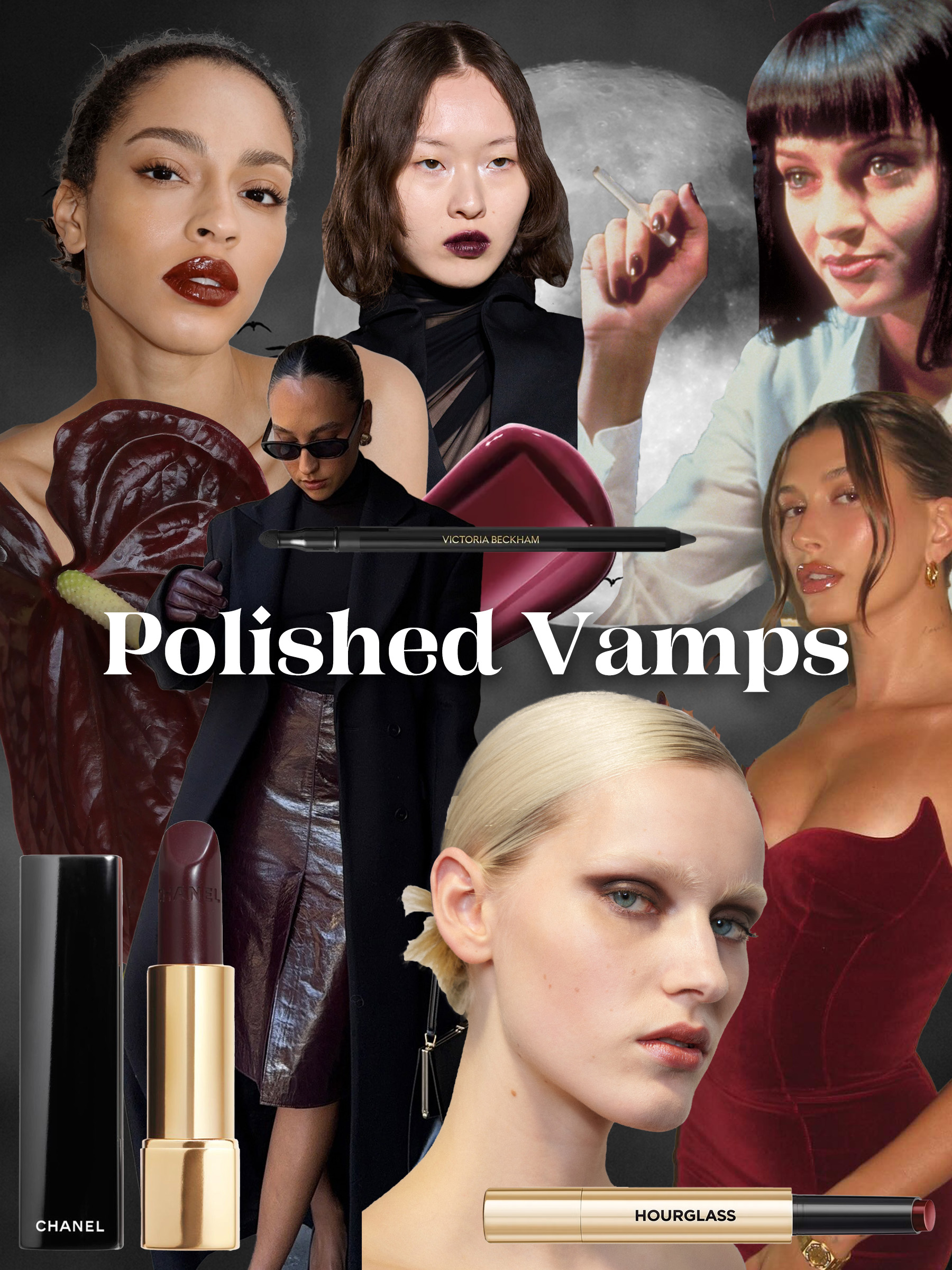 A makeup moodboard inspired by vampy makeup, with red glossy lips and smokey eyes