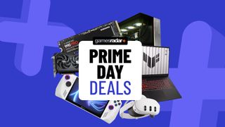 Gaming PCs, laptops, and components on a blue background with Prime Day deals badge
