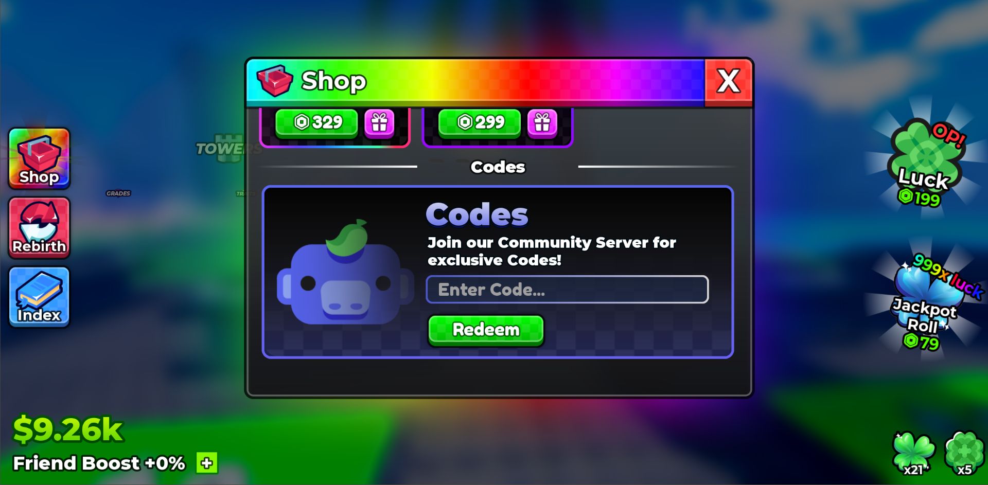Anime Dice - The code redemption menu