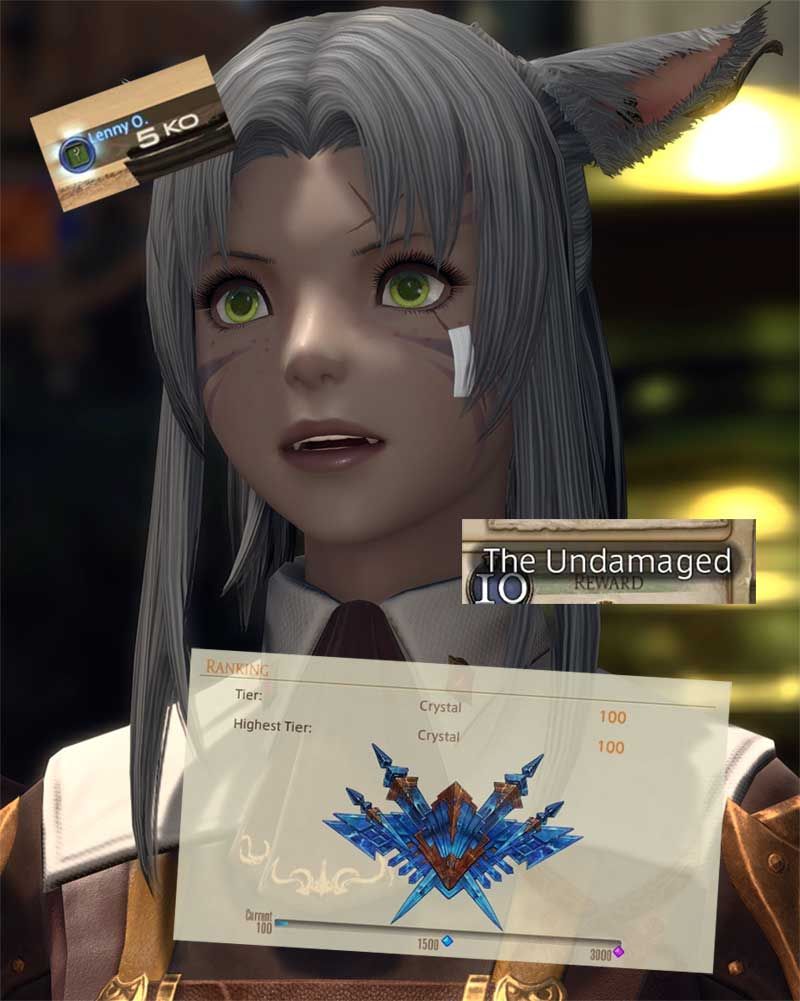 Final Fantasy 14 - یک میقوت مو خاکستری که کمی گیج و شگفت‌زده به نظر می‌رسد. متن‌هایی در اطراف او مربوط به نقاط عطف PvP وجود دارد.