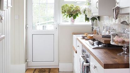 kitchen with white backdoor