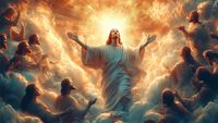 Jesus doing Jesus-like things in the clouds while being worshipped by bearded dudes, image is pretty clearly AI-generated because hands and faces are messed up