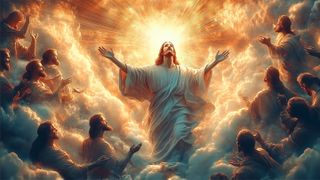 Jesus doing Jesus-like things in the clouds while being worshipped by bearded dudes, image is pretty clearly AI-generated because hands and faces are messed up