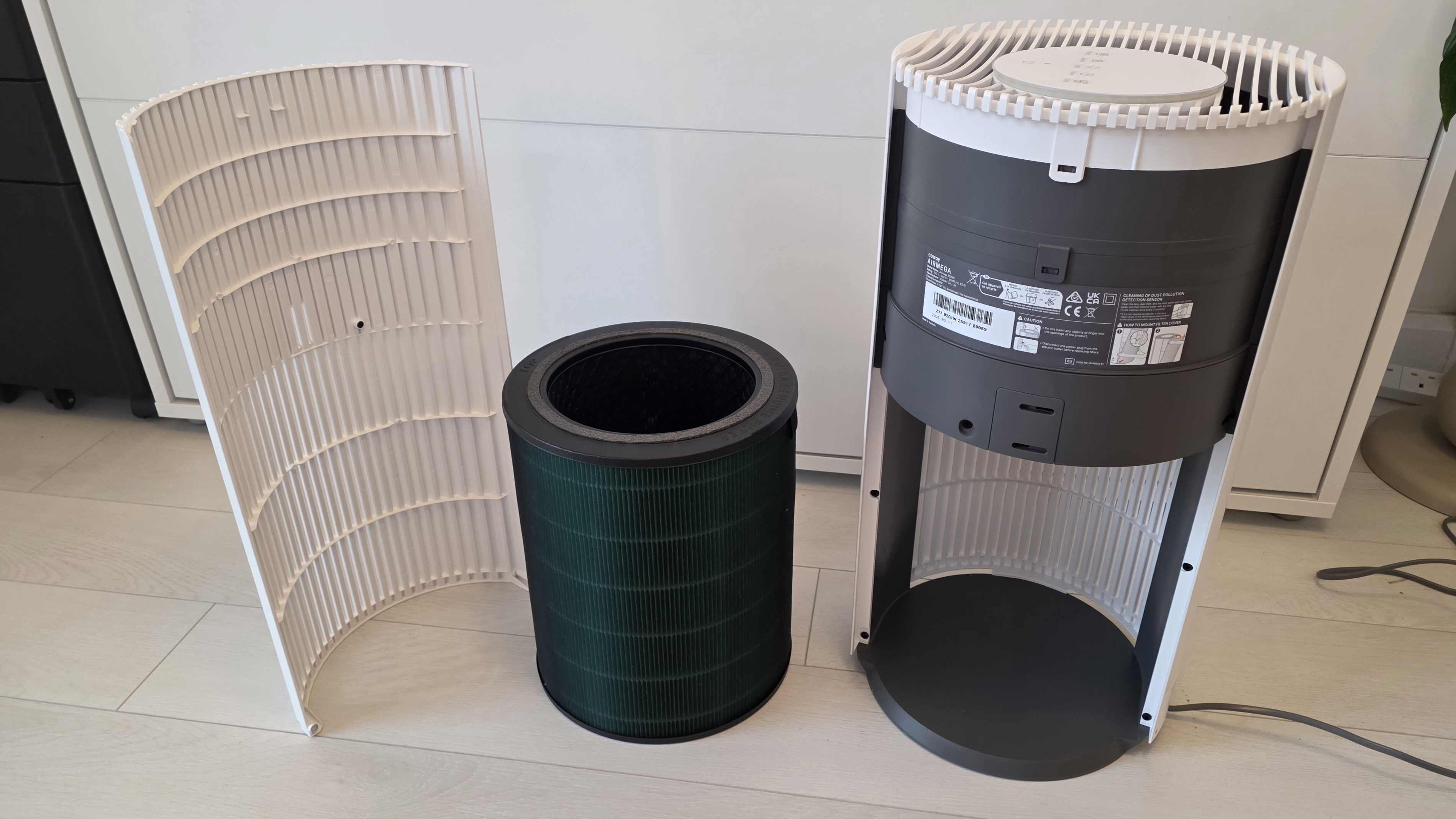 The Coway Airmega 350 with the front grille and filter removed.