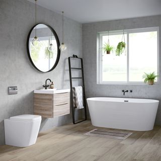 modern bathroom suite with wooden wall-hung vanity unit