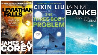 The covers of sci-fi books Leviathan Falls, The Three-Body Problem and Consider Phlebas