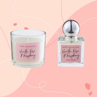 Aldi Hotel Collection Rose Collection scented candle and room spray on pink background