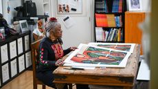 Portrait of Faith Ringgold in her studio in Englewood, New Jersey