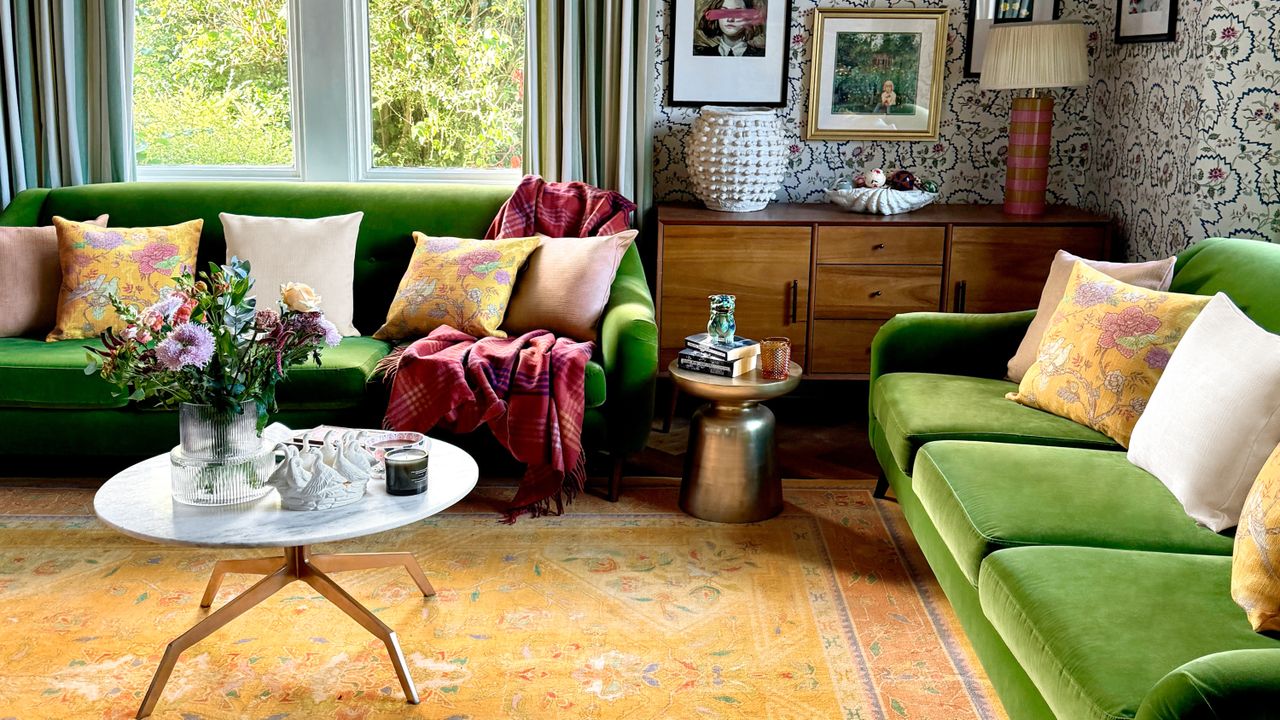 An eclectic-style living room with two green, velvet couches in a caddy-corner to each other with a yellow-orange rug in between. There is a window, blue and white wallpaper, and a white marble coffee table in the room.